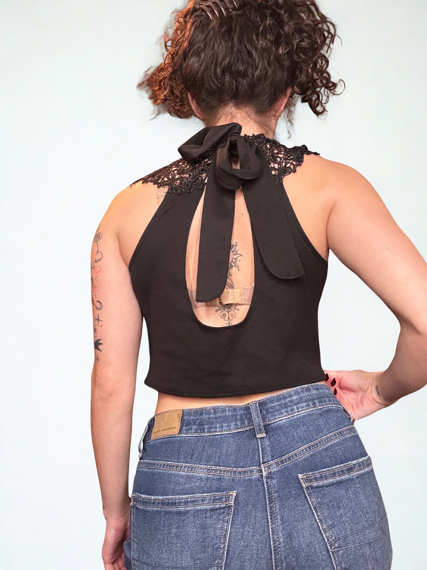 Goth Black Lace Mock Neck Crop-Top