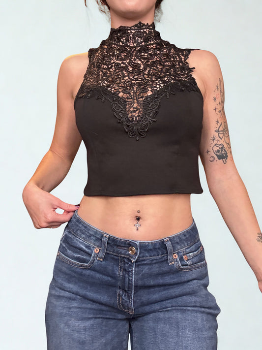 Goth Black Lace Mock Neck Crop-Top